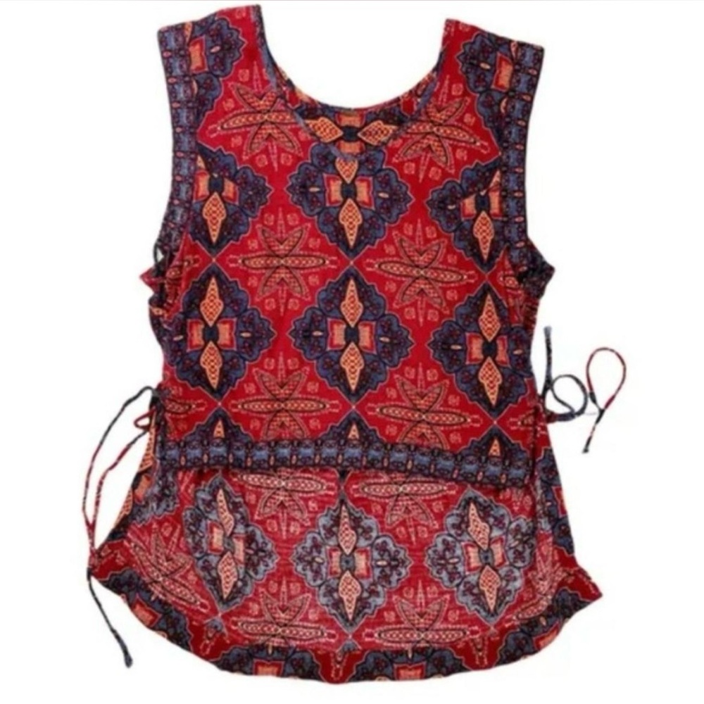Free People Boho Dalia Dreams Side Tie Crimson Batik Paisley High Low Top
